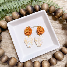 Load image into Gallery viewer, Cempasúchil Marigold + Skull | Dangle Statement Earrings