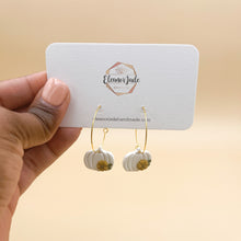 Load image into Gallery viewer, White Speckled Sunflower Pumpkin Hoop Earrings