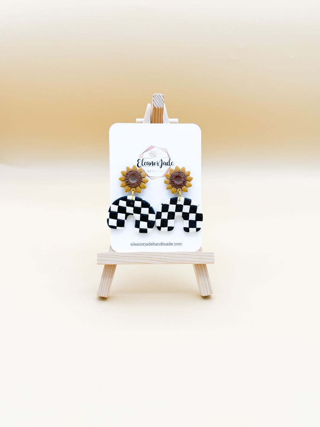 Sunflower Topped Checkered Dangle Statement Earrings