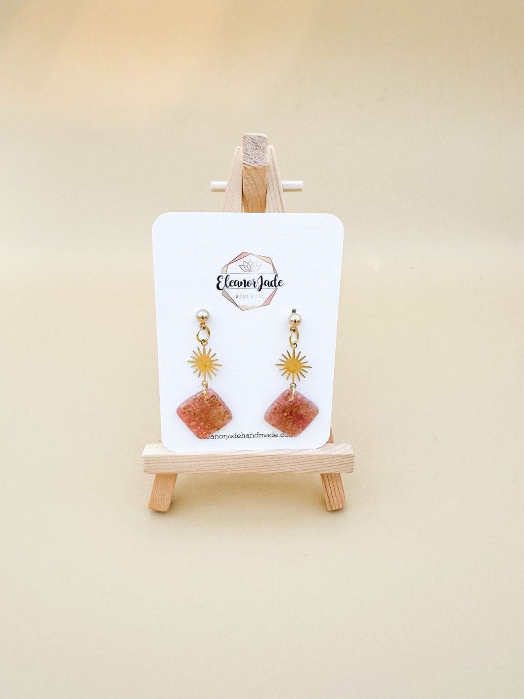 Pink & Gold Marbled Square w/ Sun Charm| Dangle Statement Earring