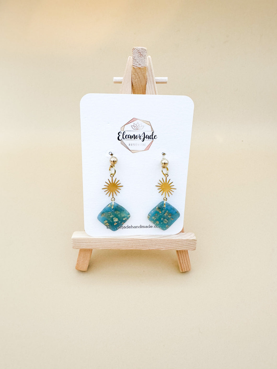 Green & Gold Marbled Square w/ Sun Charm| Dangle Statement Earring