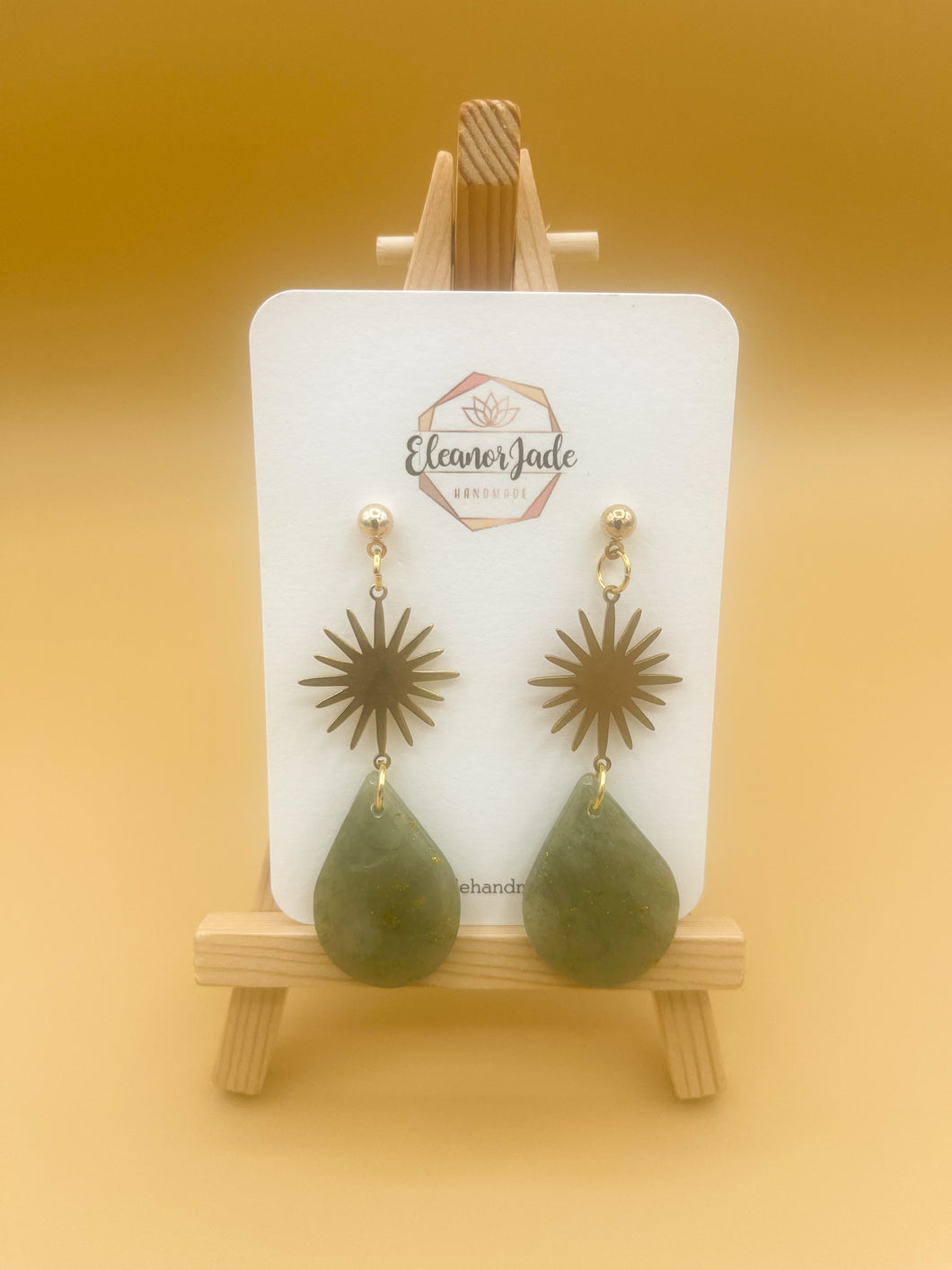 Olive Teardrop w/ Gold Sun Charm Clay Dangle Earring