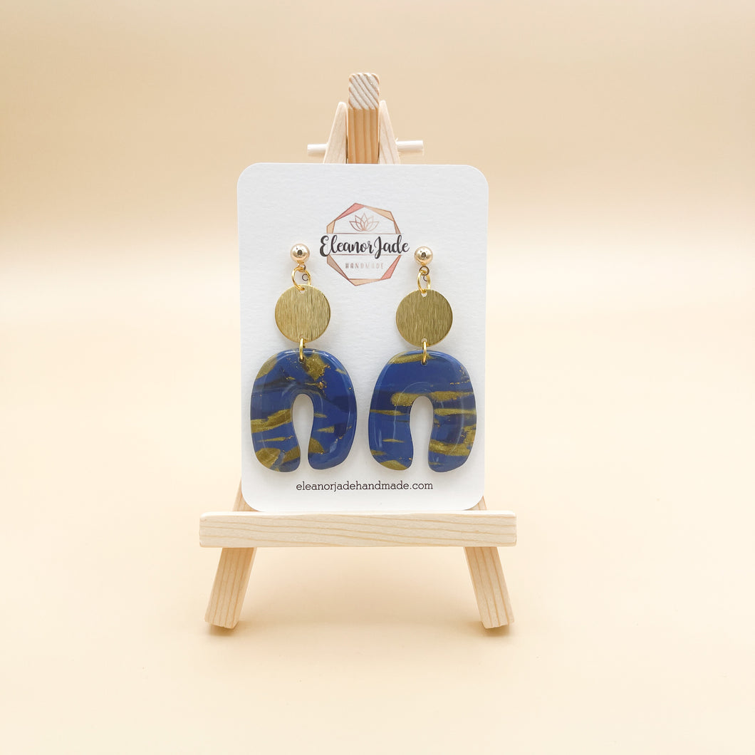 Curvy Arch Blue + Gold Marble Clay Dangle Earring