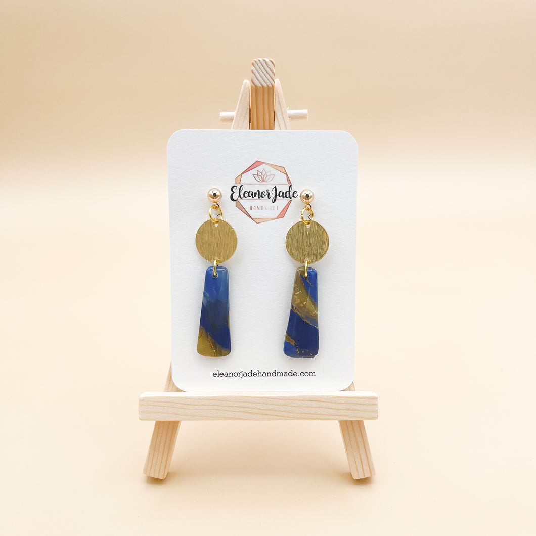 Dainty Bar Blue + Gold Marble Clay Dangle Earring