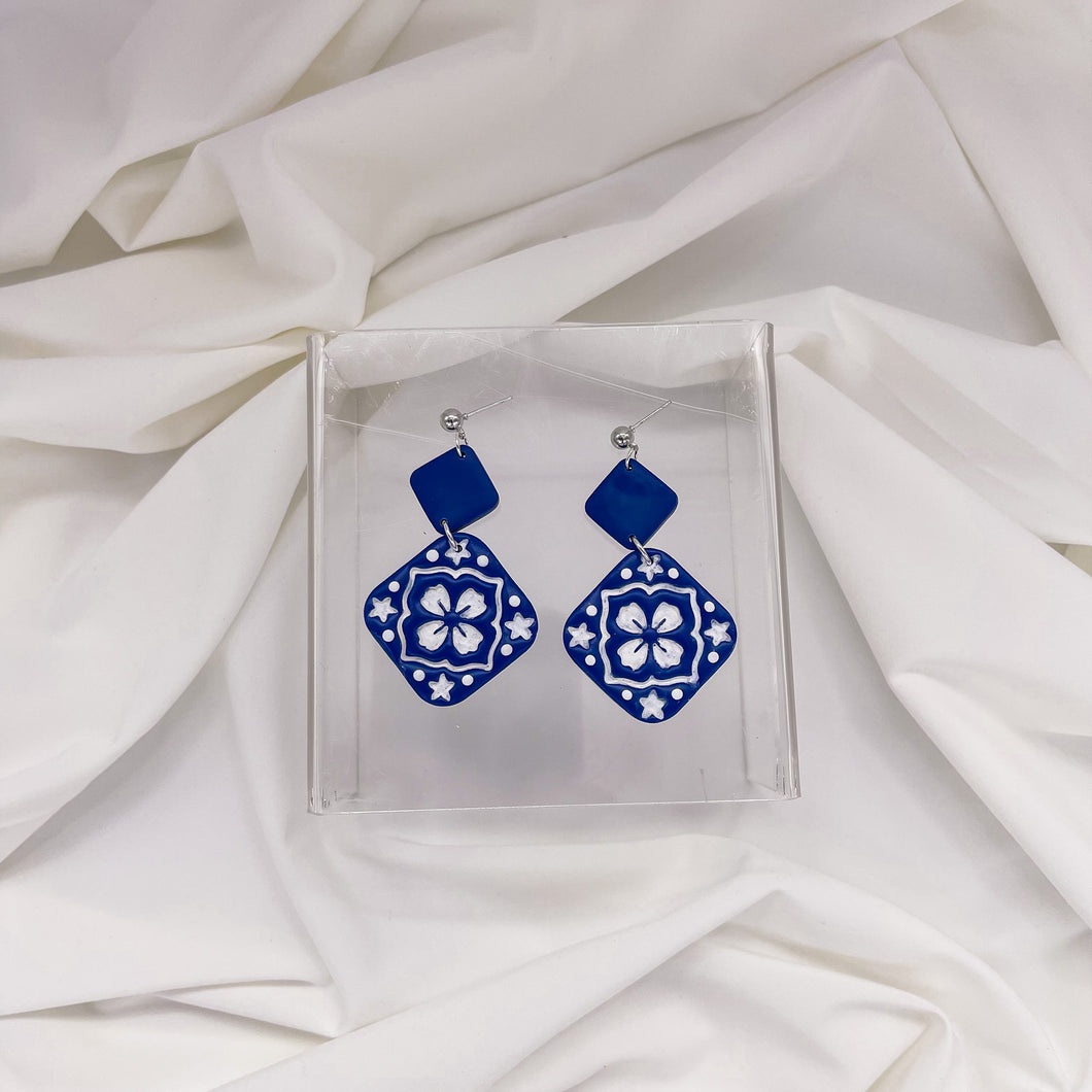 Blue + White Azulejo Tile Dangle Statement Earrings