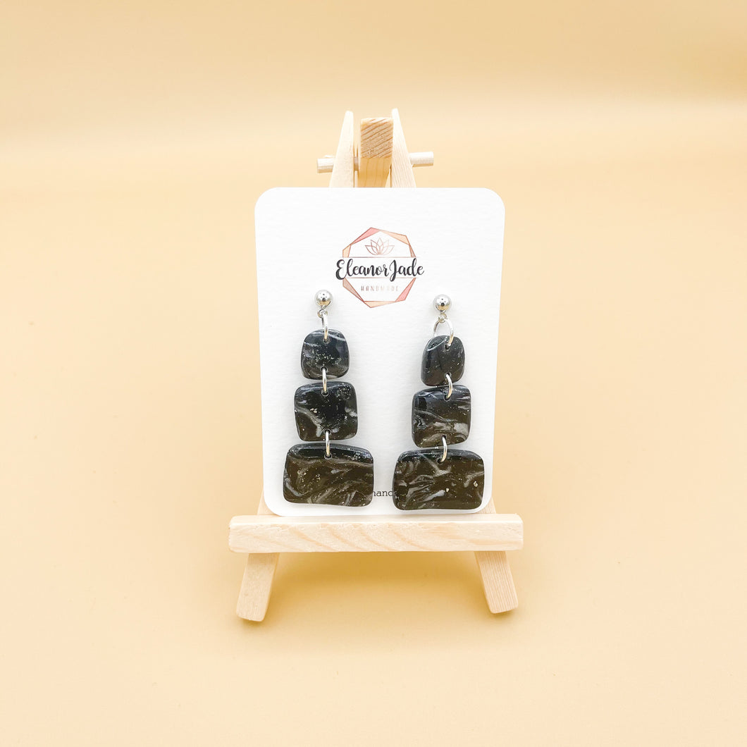 Three Tier Black Marbled Drop Dangle Earring | Clay