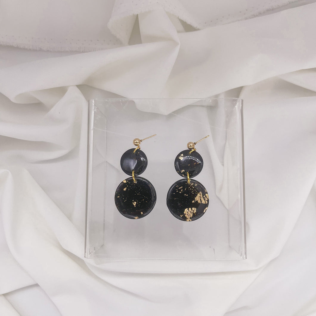 Black + Gold Flakes | Two Circle Dangle | Statement Earrings