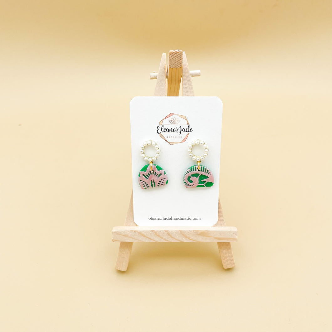 Pink and Green Dome w/ Circle Charm| Statement Earring | Pearl