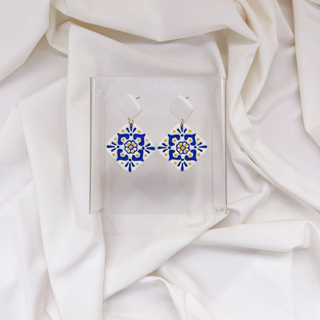 White + Blue Azulejo Tile Dangle Statement Earrings