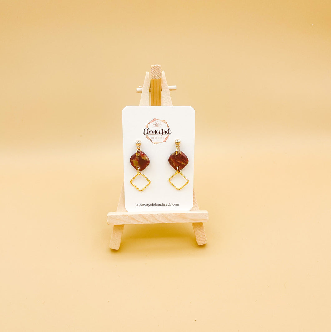 Bordeaux & Gold w/ Square Charm | Drop Dangle | Statement Earring | Pearl