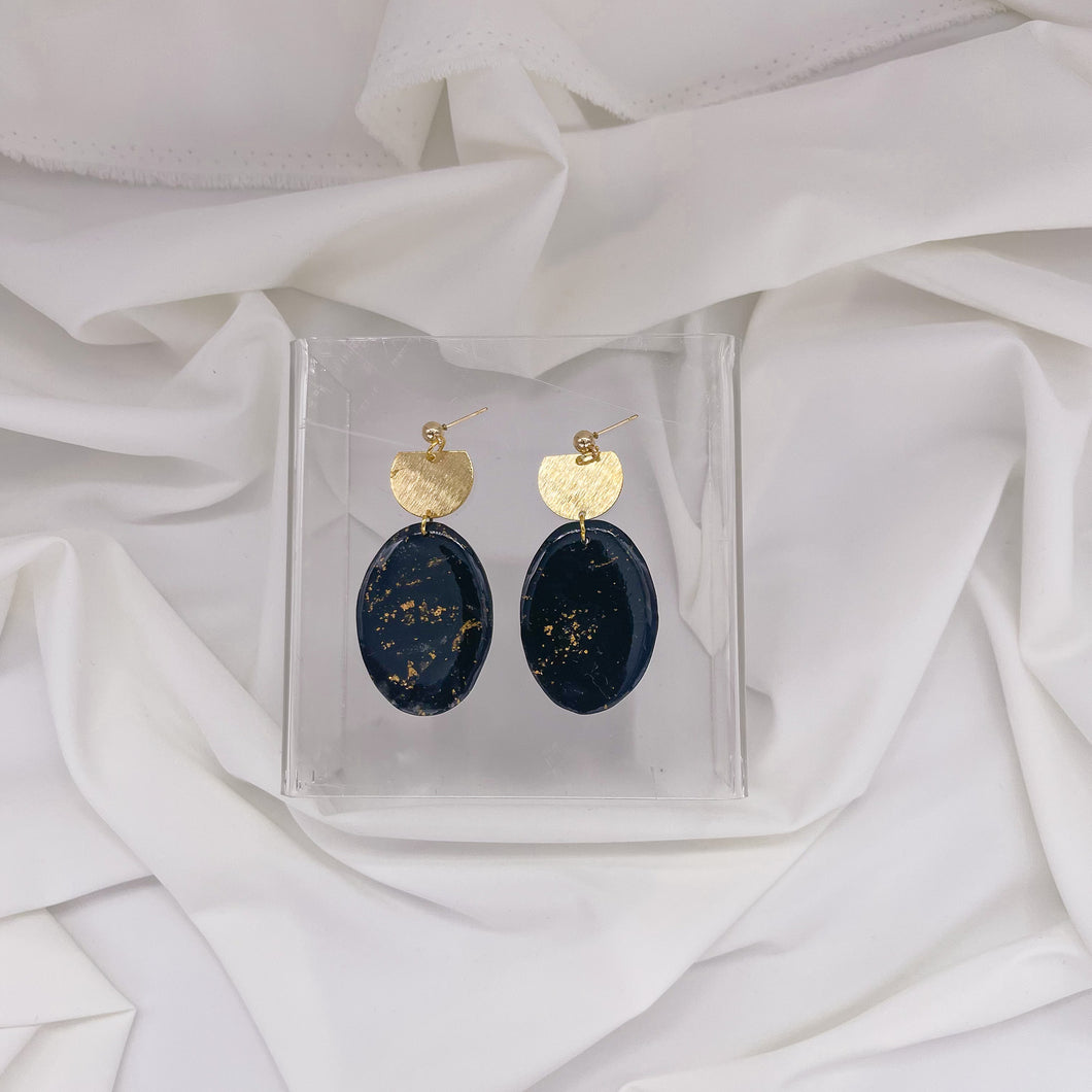 Black + Gold Flakes Oval + Charm | Dangle | Statement Earrings