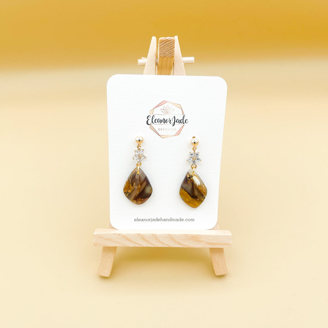 Brown Marble Drop Dangle w/Flower Charm| Statement Earring | Pearl