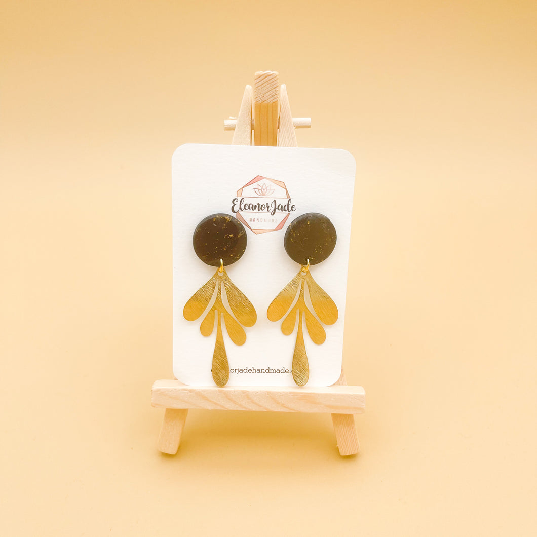 Black Marbled Circle w/ Leaf Charm | Dangle Statement Earrings