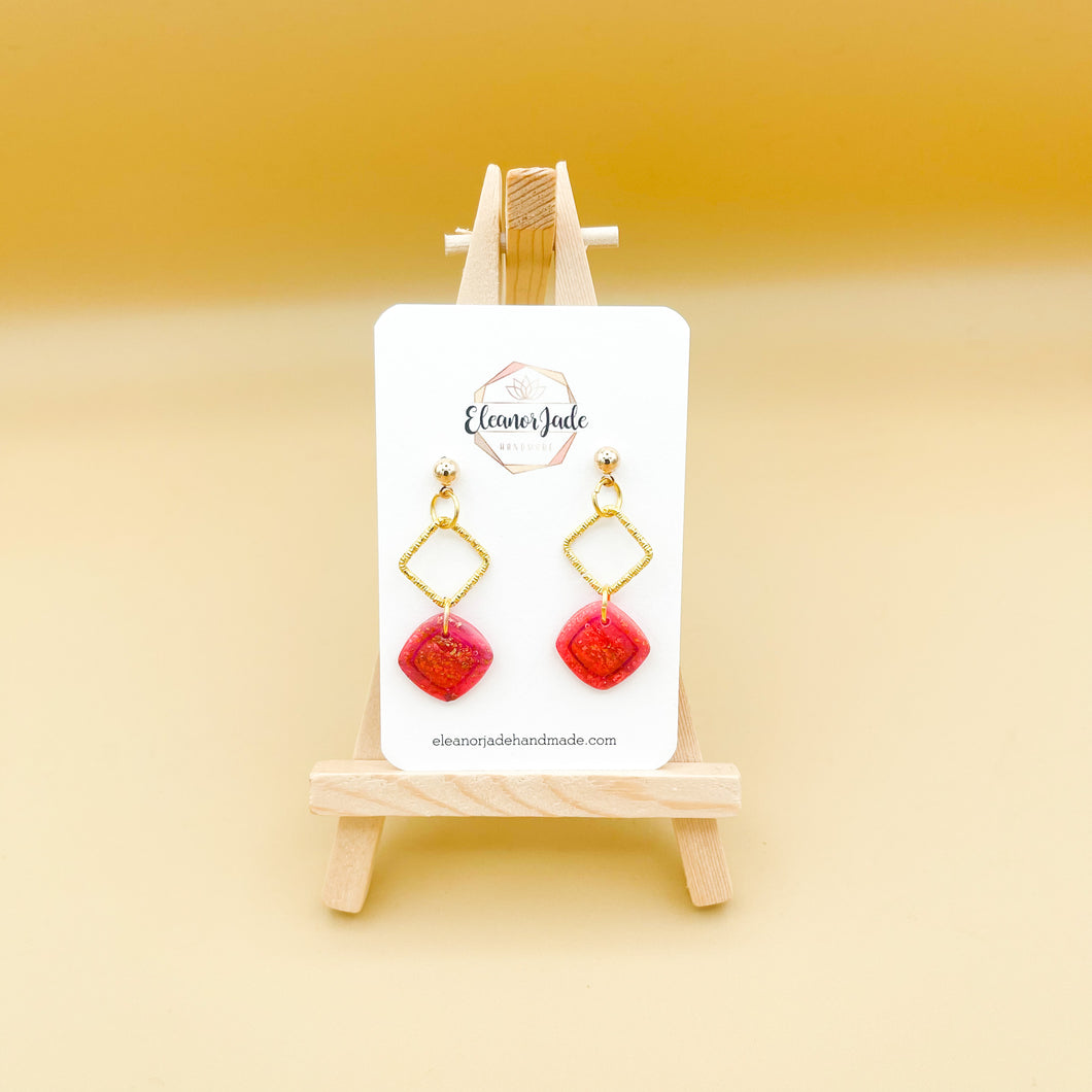 Pink Marble Square w/ Charm | Dangle Statement Earring