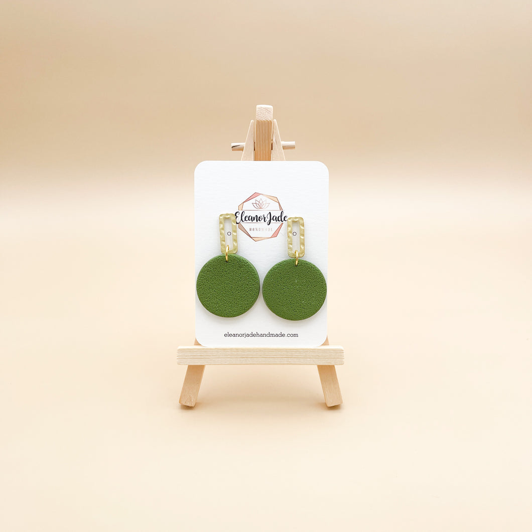 Olive Green Circle + Hammered Rectangle Clay Dangle Earring