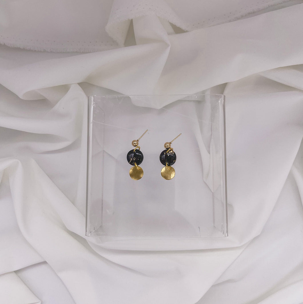 Black + Gold Flakes Mini Circle + Charm | Dangle | Statement Earrings