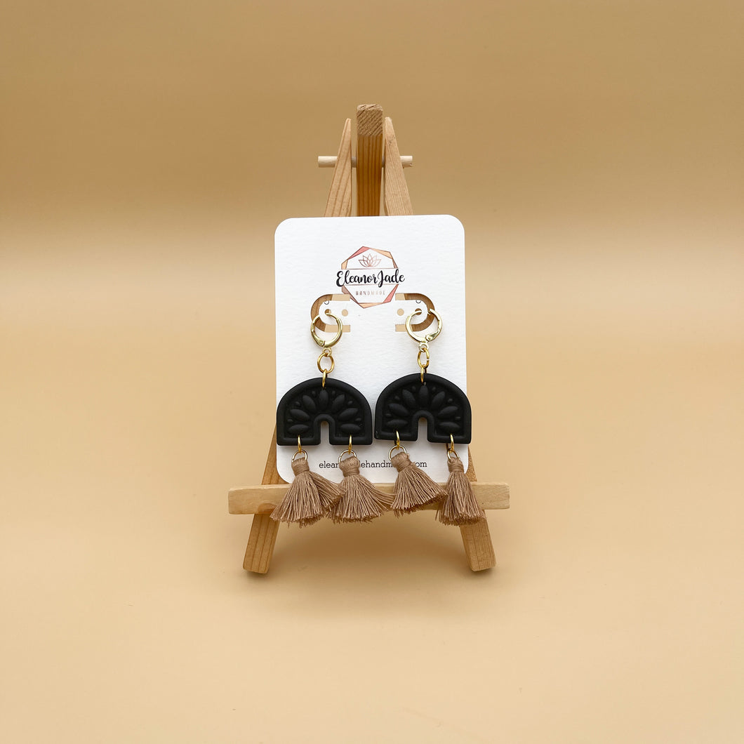Black Embossed Arch + Tan Tassel Clay Earrings