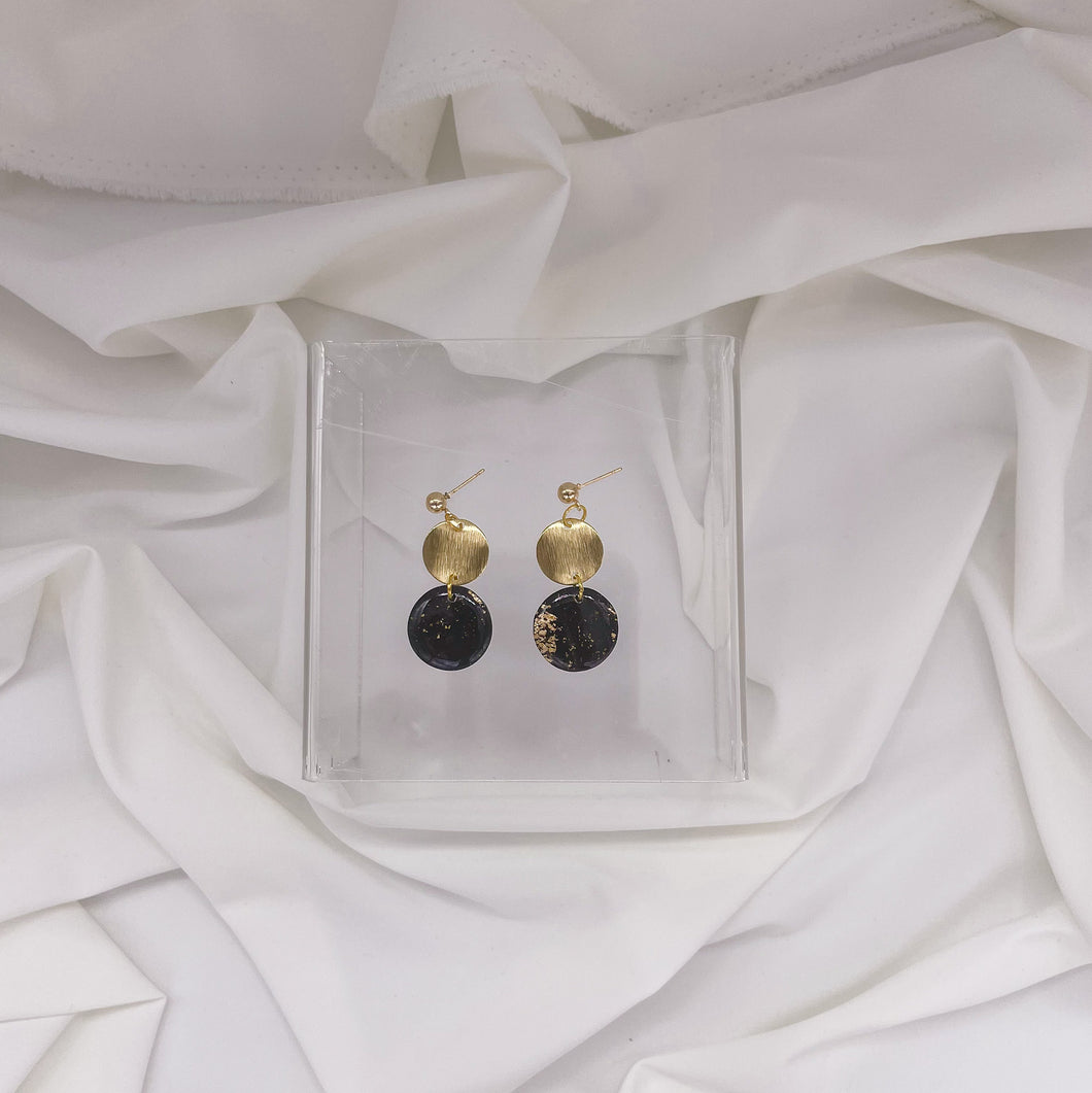 Black + Gold Flakes Circle + Charm | Dangle | Statement Earrings