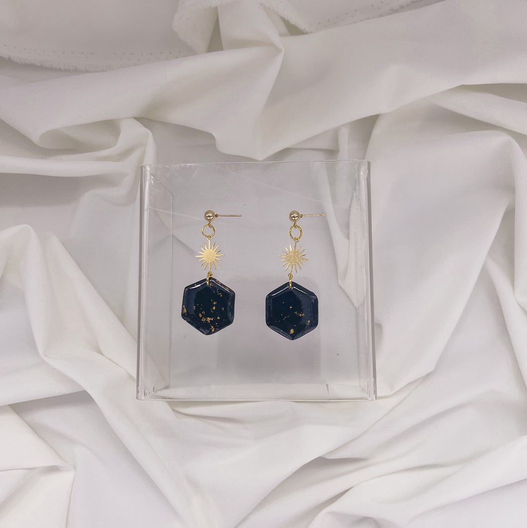 Black + Gold Flakes | Hexagon Dangle | Statement Earrings