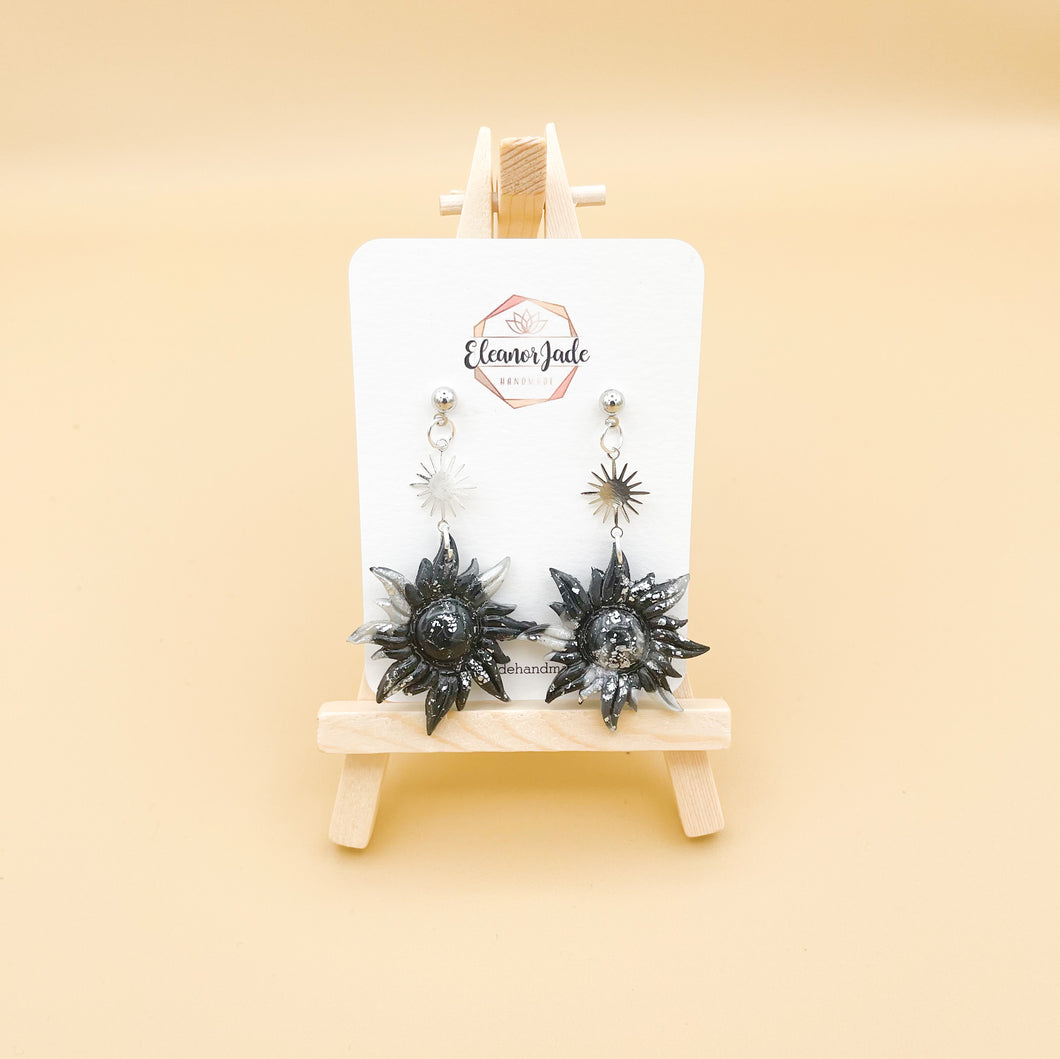 Black Marbled Sun w/ Charm | Dangle Statement Earrings