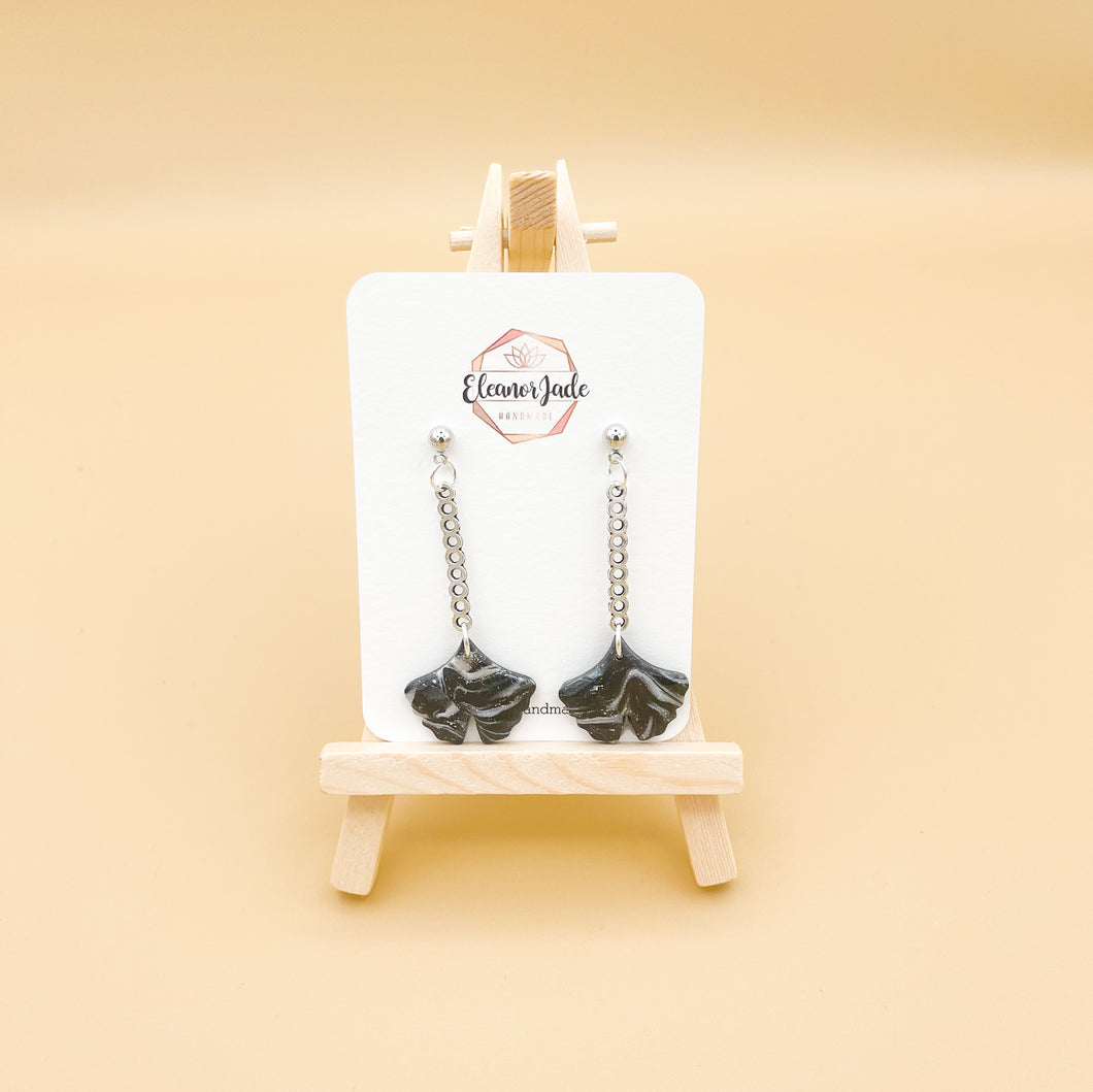 Black Marbled Ginkgo Leaf Drop | Dangle Statement Earrings