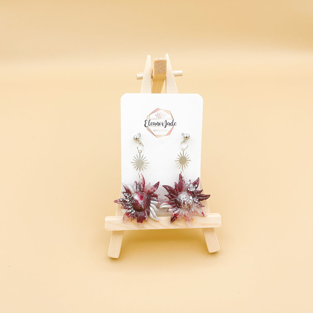 Bordeaux Marbled Sun w/ Charm | Dangle Statement Earrings